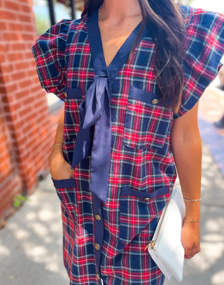 Plaid Bow Holiday Dress - Navy