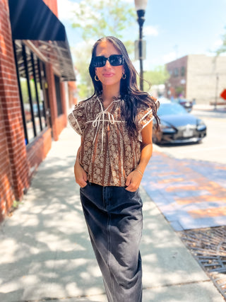 Floral Ruffle Trim Top - Brown