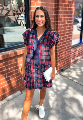 Plaid Bow Holiday Dress - Navy