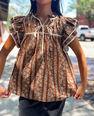 Floral Ruffle Trim Top - Brown